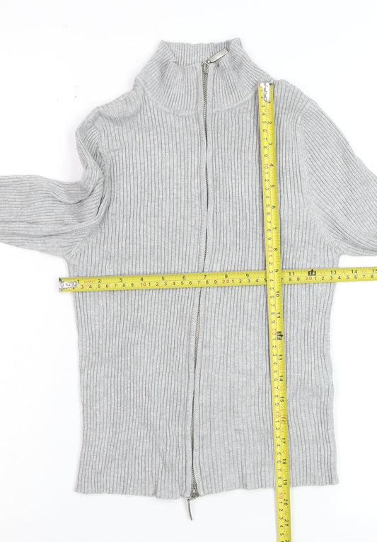 Stradivarius Women’s Grey Ribbed Full Zip Mock Neck Jumper Size 14
