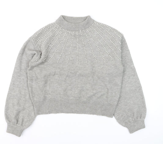 PRETTYLITTLETHING Womens Grey Beaded Mock Neck Jumper Size S