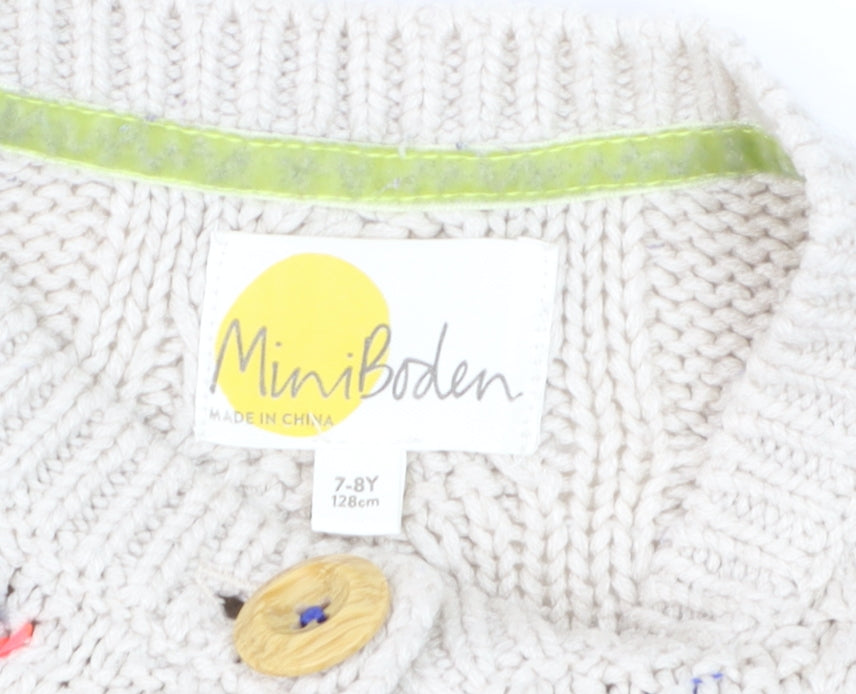 Mini Boden Girls Beige Cable Knit Cardigan 7-8 Years Button Embroidered Cotton