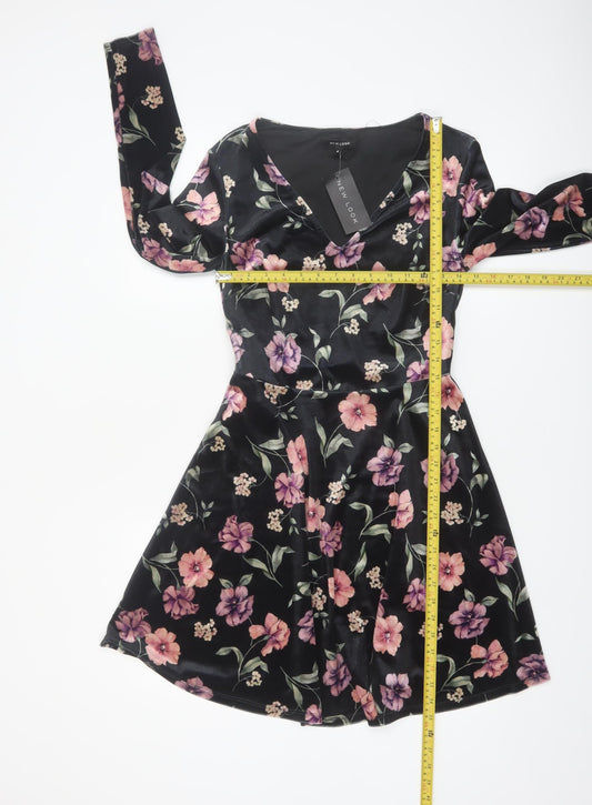 New Look Women Black Floral Velvet Skater Dress Size 10