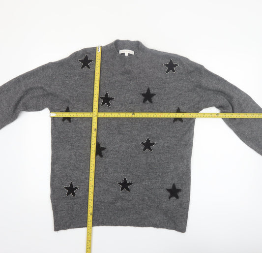 Next Womens Grey Star Embroidered Wool Blend Pullover Jumper Size M