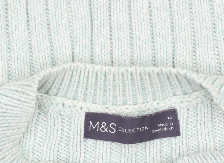 Marks and Spencer Women's Green Cotton Rib Knit Jumper Size 14