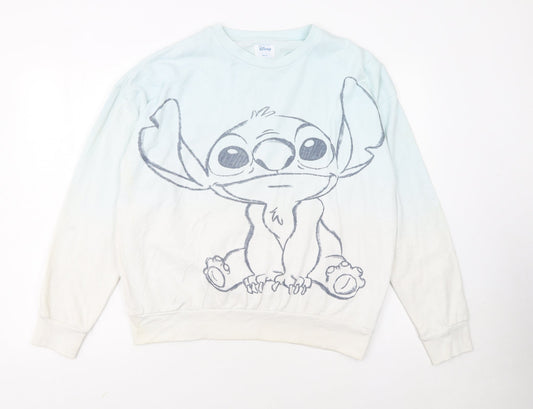 Front view of Disney Women XS Blue Stitch Pullover Sweatshirt