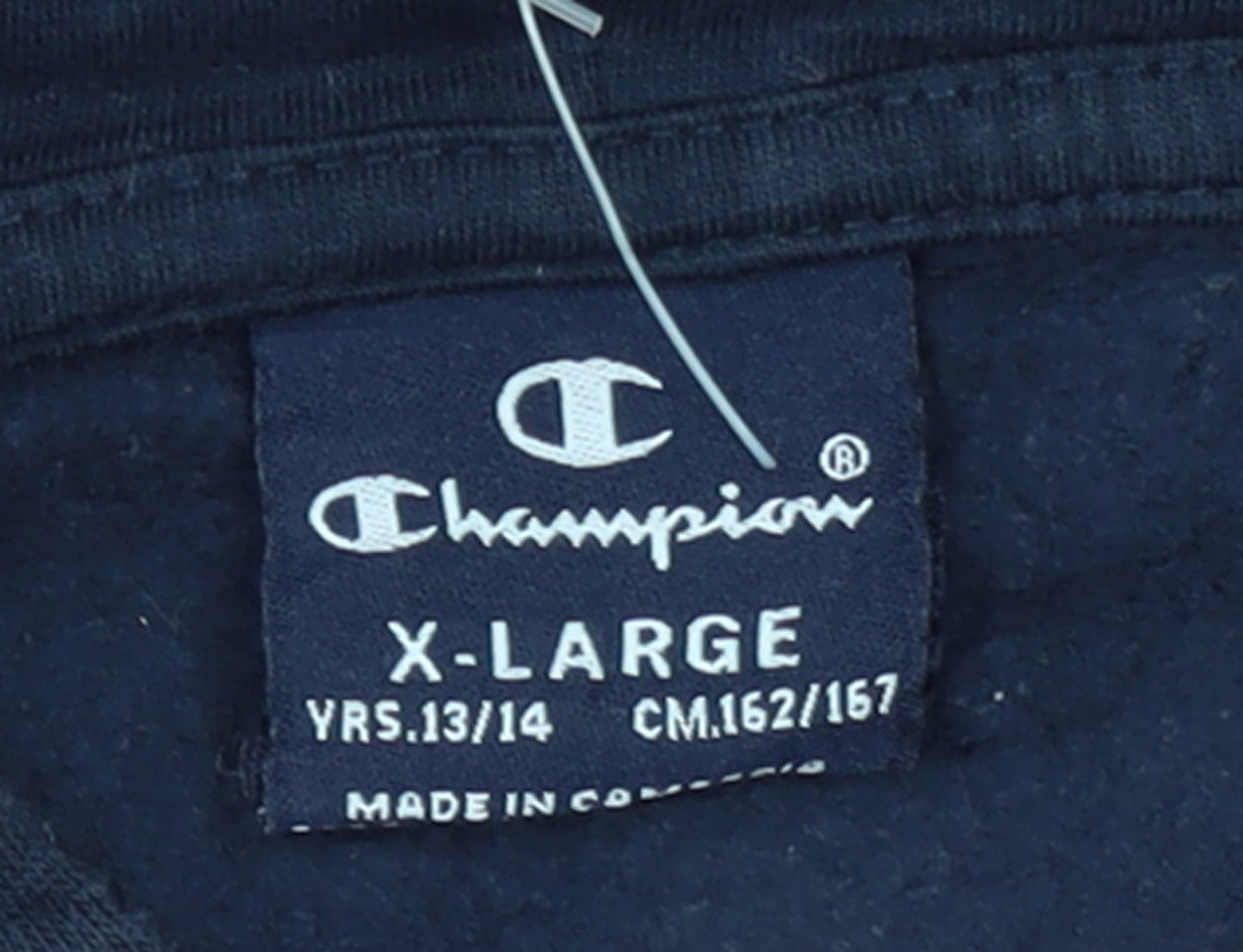 Brand and care label for Champion boys’ blue full zip hoodie 13-14 years logo fleece sweatshirt