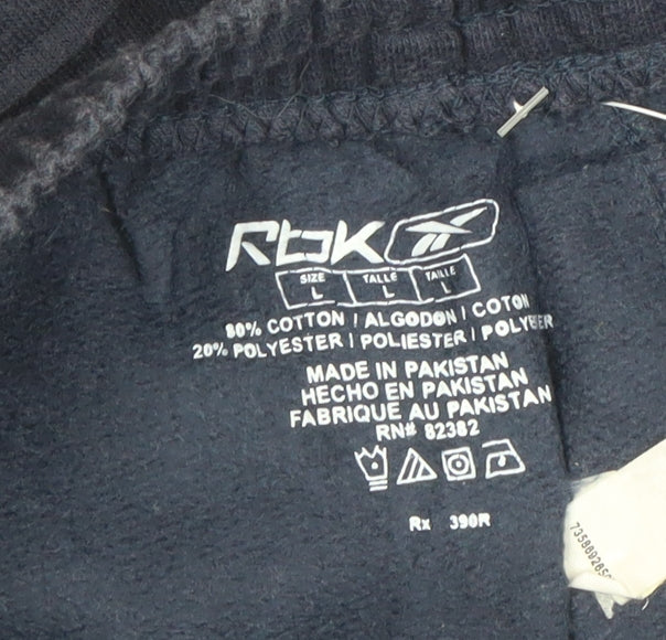 Brand and care label for Reebok boys’ blue l jogger trousers cotton blend elastic waist activewear