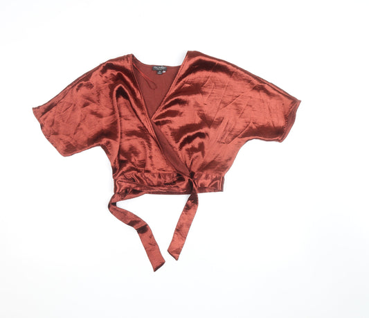 Additional front view of Miss Selfridge women’s brown velvet wrap blouse, size UK 8