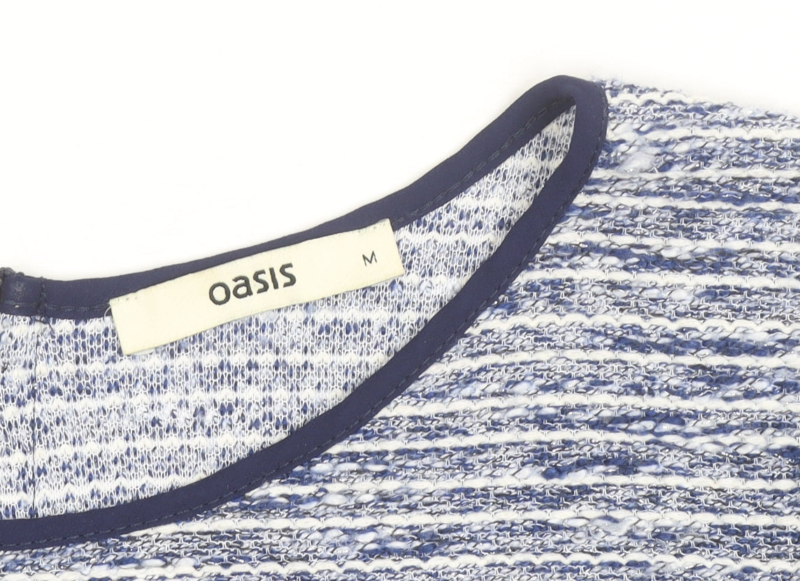 Oasis Women Blue Striped Short Sleeve Crew Neck Top M