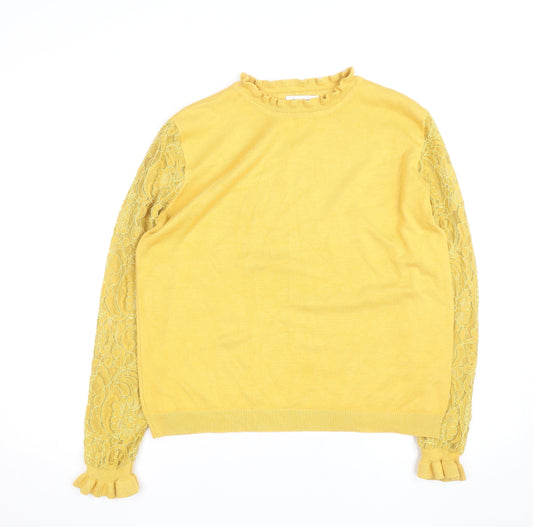 Additional front view of Wild Flower Women Yellow Lace Sleeve Ruffle High Neck Jumper, size L