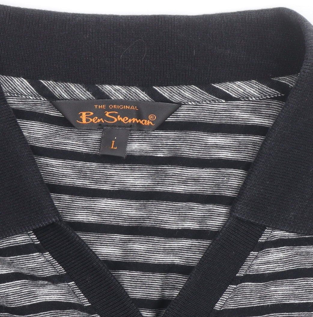 Ben Sherman Men's Grey Striped Cotton Polo Shirt Size L