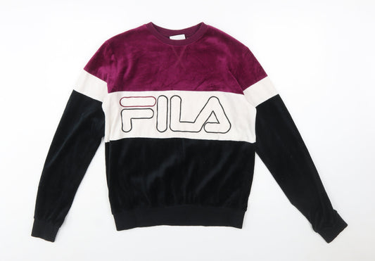 Additional front view of Fila women’s colourblock velour sweatshirt xs burgundy black white