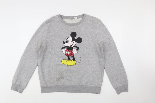 Front view of Disney women’s grey mickey mouse sequin sweatshirt, size M