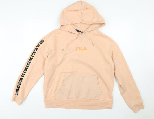 Additional front view of Fila women’s beige pullover hoodie medium logo sleeve tape sweatshirt