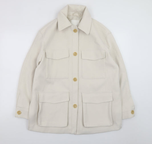 H&M Women Ivory Mid-Length Twill Jacket Size 12 Button Casual Style