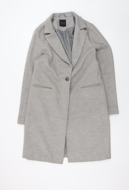 New Look Women Grey Mid-Length Overcoat Size 10 Lined Button Front