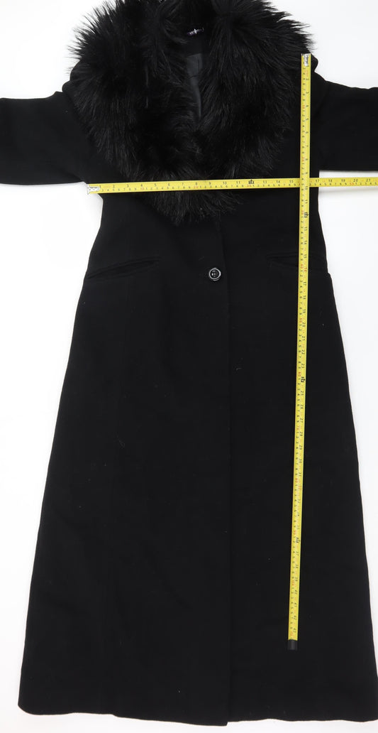 Yessica Womens Black Wool Cashmere Long Overcoat with Faux Fur Collar Size 12