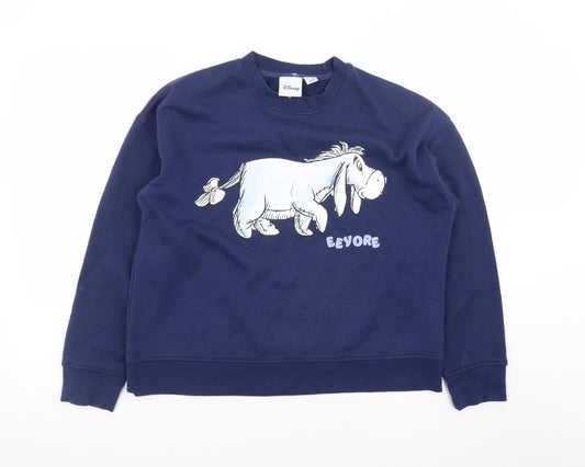 Front view of Disney Women Navy Blue Eeyore Sweatshirt, size S, 10/12 Crew Neck