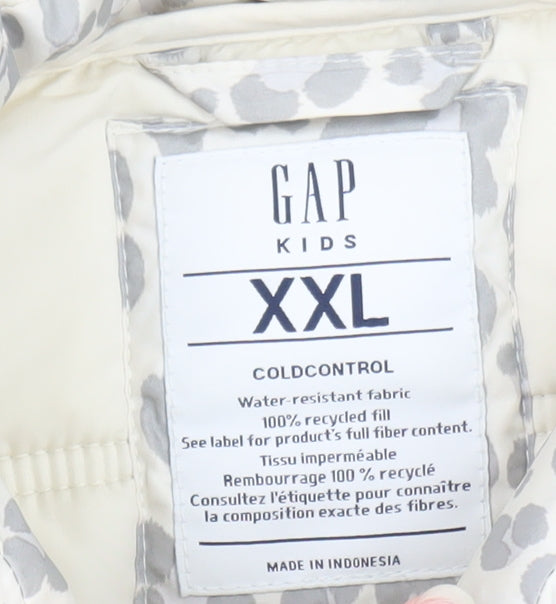 Brand and care label for Gap Kids girls’ ivory animal print puffer gilet 2xl water resistant