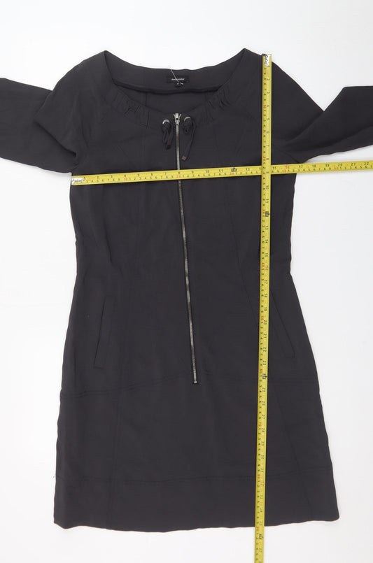 Claudia Sträter Women Black Viscose Shift Dress Size 8 3/4 Sleeve Zip Detail