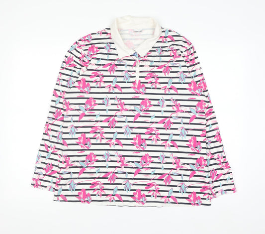 Damart Women’s Multicoloured Floral Stripe Cotton Long Sleeve Polo Top Size 18/20