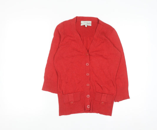 John Lewis Women Red V-Neck 3/4 Sleeve Cotton Knit Cardigan S