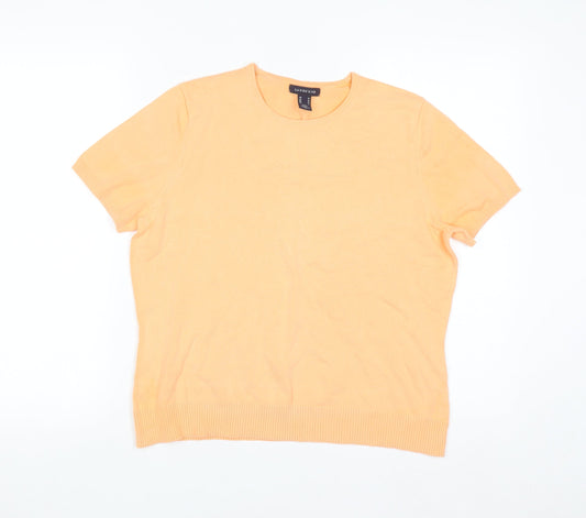 Lands' End Women's Orange Cotton Short Sleeve Crew Neck Jumper M
