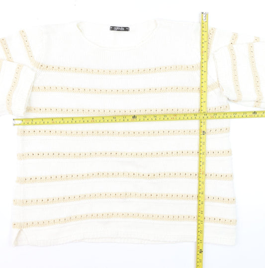 Dunnes Women Ivory Striped Cotton Knit Crew Neck Jumper Size L