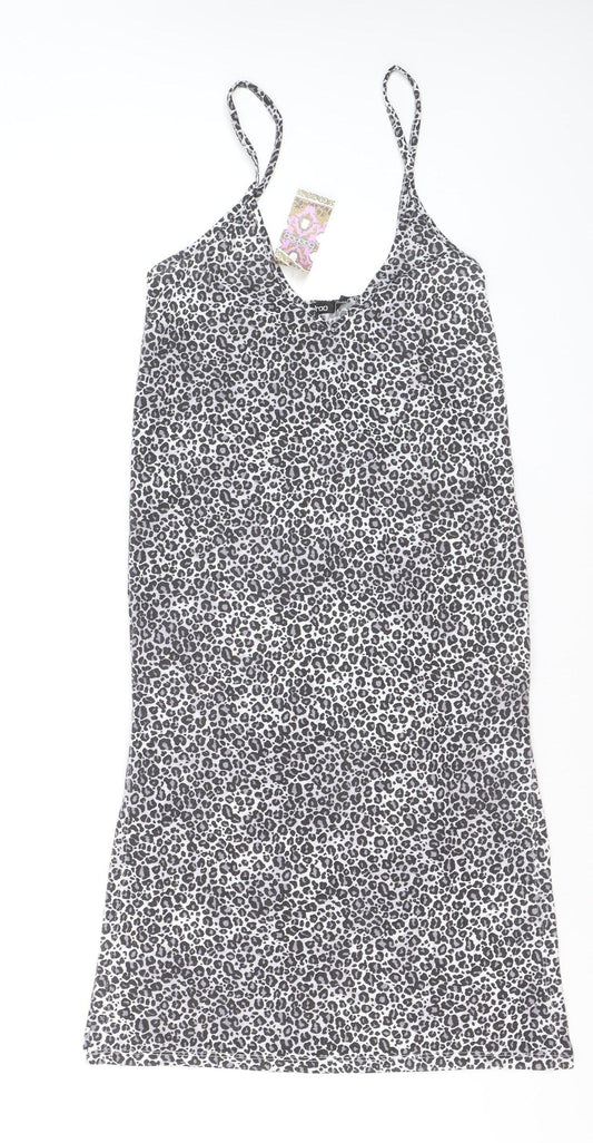 Boohoo Women Black Leopard Print Slip Dress Size 12