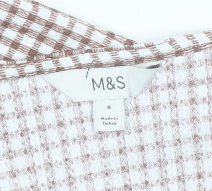 Marks and Spencer Women's Brown Check Wrap Blouse Size 8
