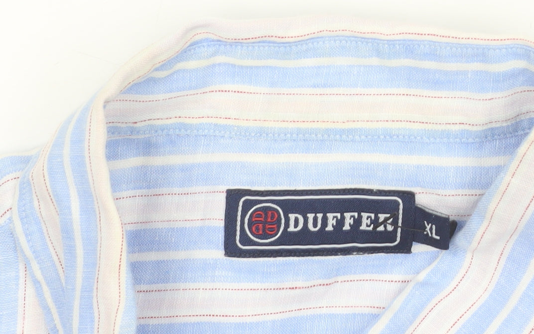 Duffex Men's Blue Striped Linen Short Sleeve Button-Up Shirt XL