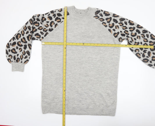 Tu Women Grey Leopard Balloon Sleeve Knit Jumper Size 16