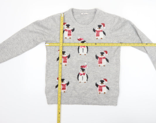 Tu Womens Grey Penguin Christmas Pullover Jumper Size 12