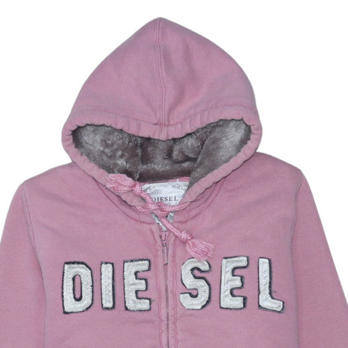 Diesel Womens Pink Full Zip Hoodie Medium Faux Fur Lined Sweatshirt