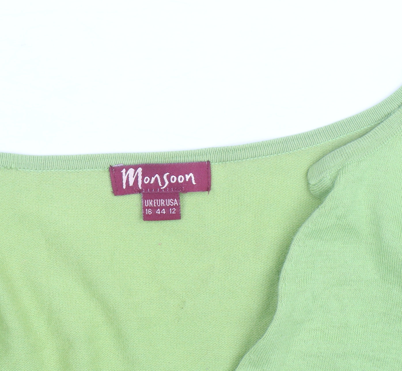 Monsoon Women Green Cotton V-Neck 3/4 Sleeve Cardigan Size 16