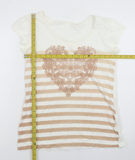 Next Womens Beige Striped Heart Print Cotton T-Shirt Size 12