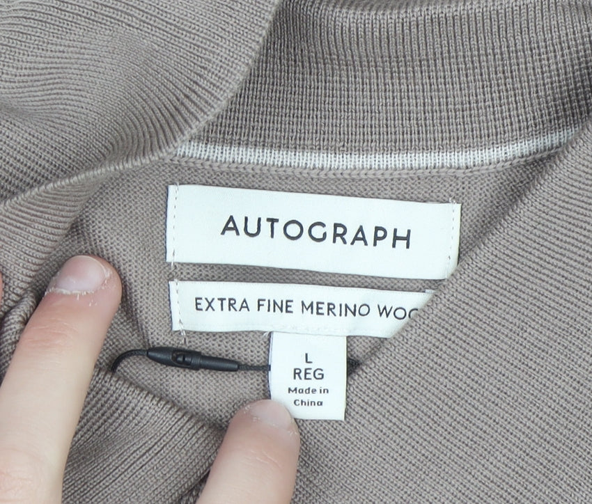 Marks and Spencer Men Beige Merino Wool Henley Jumper L