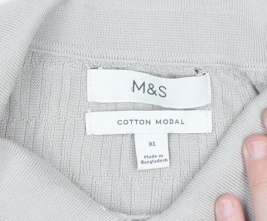 Marks and Spencer Men's Beige Collared Knit Jumper XL Cotton Modal