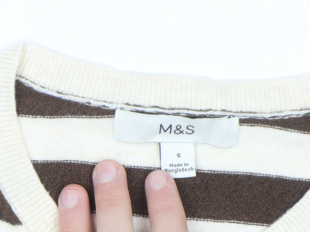 Marks and Spencer Women Brown Striped Crew Neck Cardigan Size S