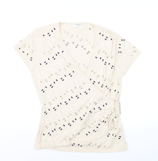 Kaliko Women's Beige Wrap Blouse Top Size 14 Short Sleeve Buckle Detail