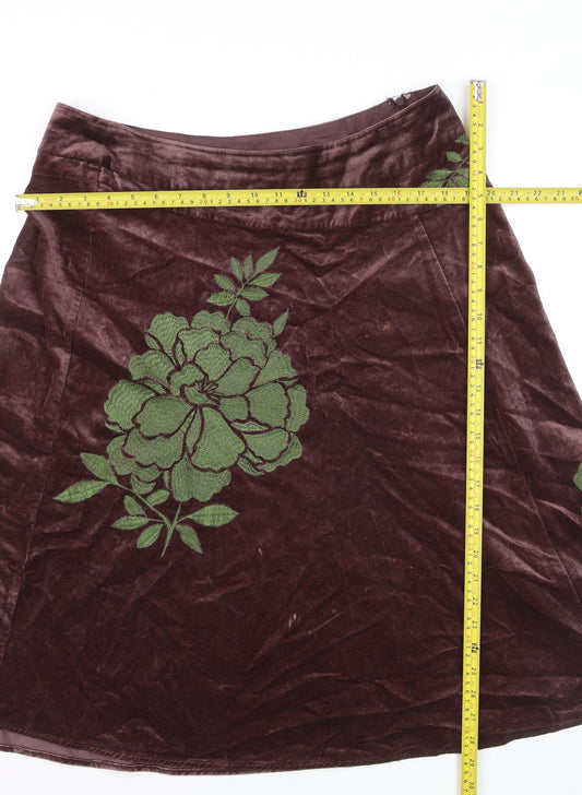 Monsoon Womens Brown Velvet A-Line Embroidered Skirt Size 14