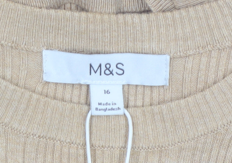 Marks and Spencer Womens Beige Size 16 Ribbed Knit Crew Neck Jumper