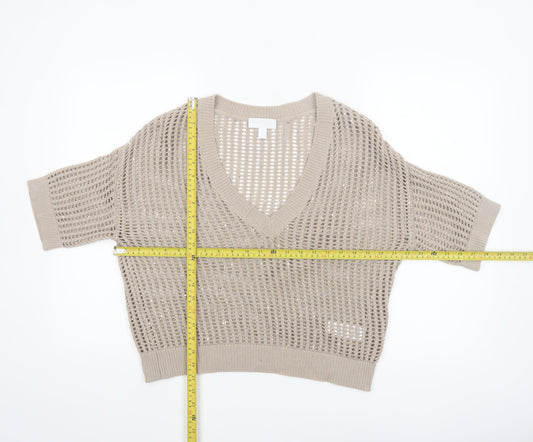 The White Company Women Beige Open-Knit V-Neck Jumper M Organic Cotton