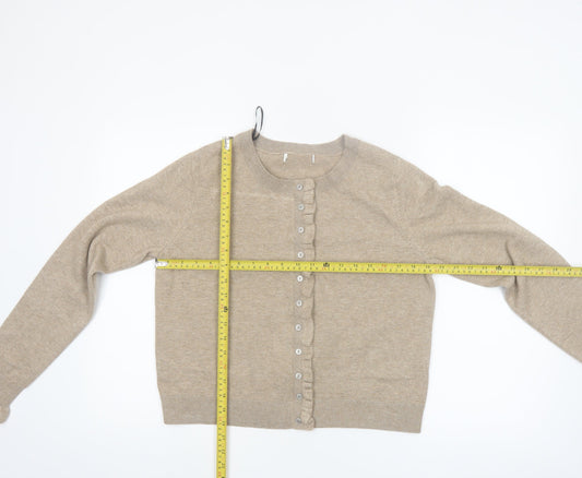 Marks and Spencer Women Beige Medium Ruffle Button Knit Cardigan