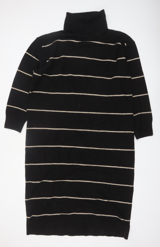Mango Women Black Striped Knit Jumper Dress Size 12 Roll Neck