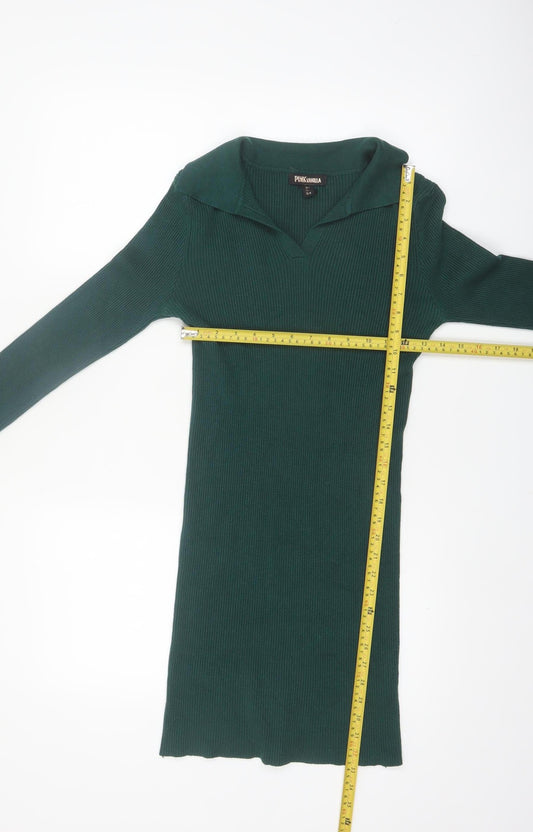 Pink Vanilla Women Green L Rib Knit Collared Bodycon Dress