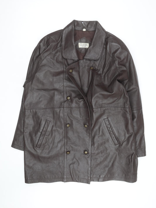 Additional front view of Classics Woman Brown Leather Long Coat, size 16, Lined Button Front