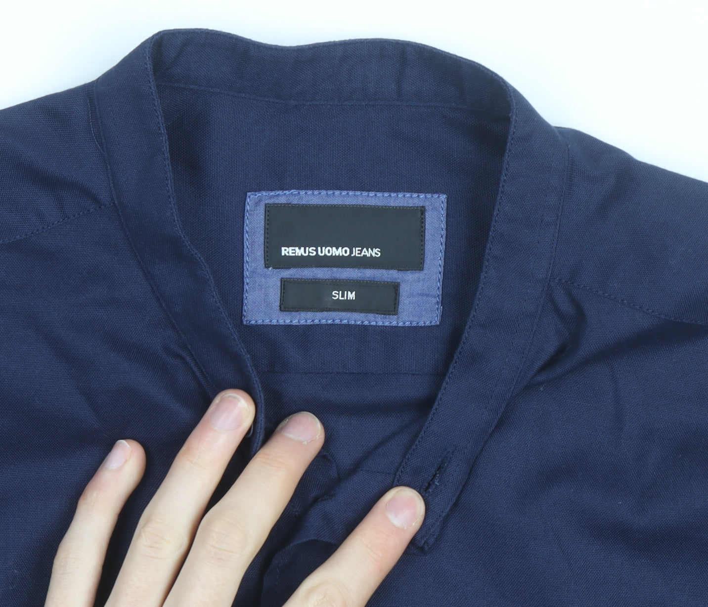 Remus Uomo Jeans Men's Blue Slim Fit Band Collar Long Sleeve Shirt Size 17.5