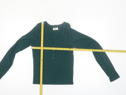 Hollister Women Green Slim Fit Long Sleeve V-Neck Button-Up Top Size S
