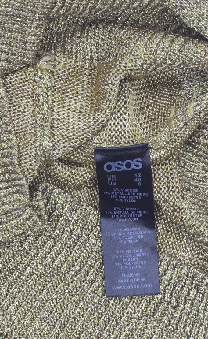 Brand and care label for ASOS Women Gold Metallic Knit Jumper, size 12, Round Neck Long Sleeve
