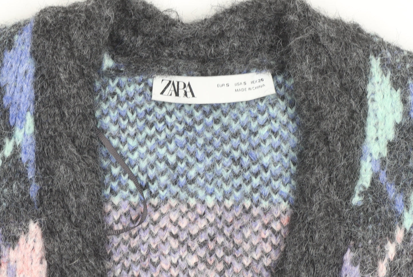 ZARA Womens Multicoloured Argyle Knit Cardigan Size S V-Neck Wool Blend