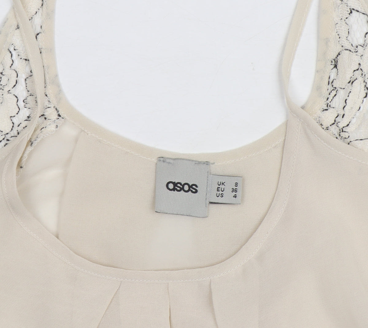 Brand and care label for ASOS Women Ivory Lace Camisole Tank Top, size 8, Chiffon Sleeveless